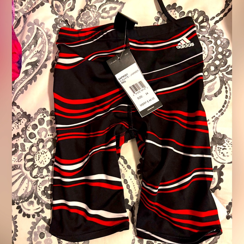 Adidas Black and Red Striped Swim Shorts